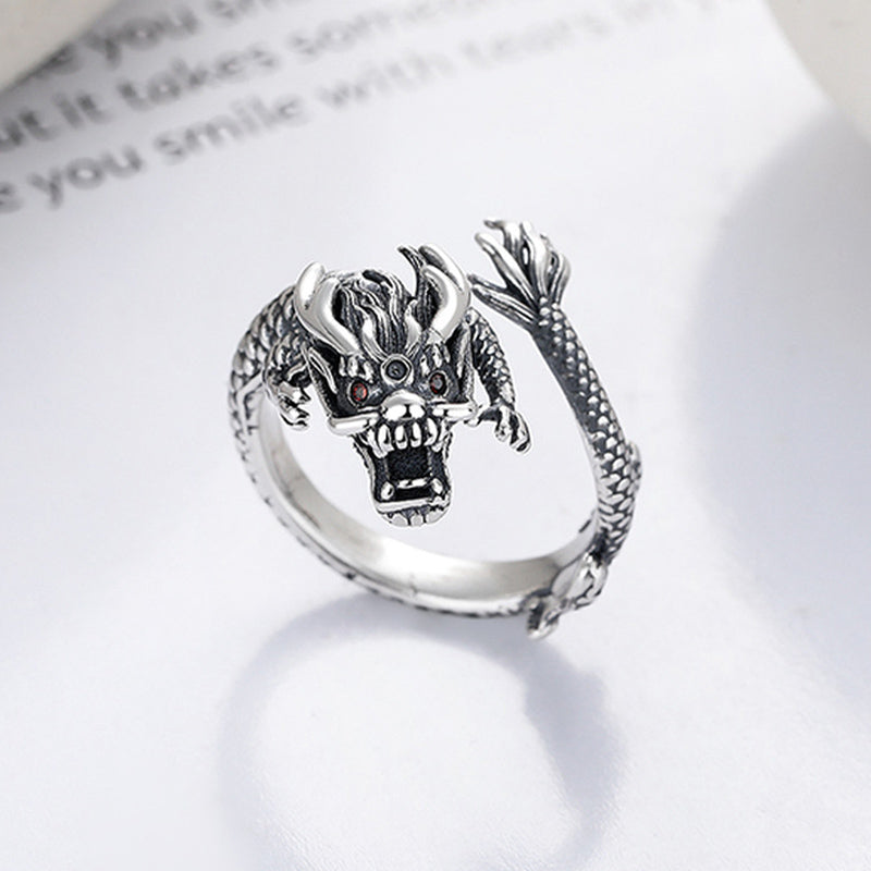 Mythstone Vintage 925 Sterling Silver Year Of The Dragon Design Luck Metal Ring