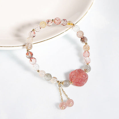 Mythstone Natural Strawberry Quartz Cat Paw Claw Colorful Rutilated Quartz Moonstone Love Bracelet