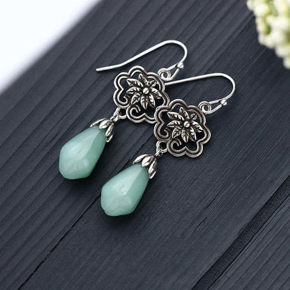 Mythstone Magnolia Flower Jade Water Drop Prosperity Dangle Earrings