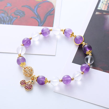 Mythstone Natural Amethyst White Crystal Positive Cherry Charm Bracelet