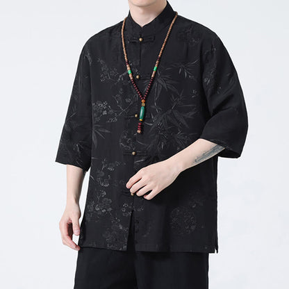 Mythstone Peach Blossom Bamboo Leaves Frog-button Chinese Half Sleeve Shirt Men T-shirt