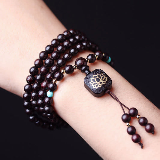 MythStone 108 Mala Beads Tibetan Small Leaf Red Sandalwood Lotus Balance Bracelet