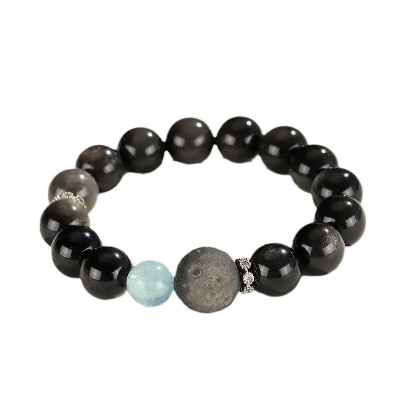 Mythstone Natural Silver Sheen Obsidian Cat Head Fox Planet Protection Bracelet