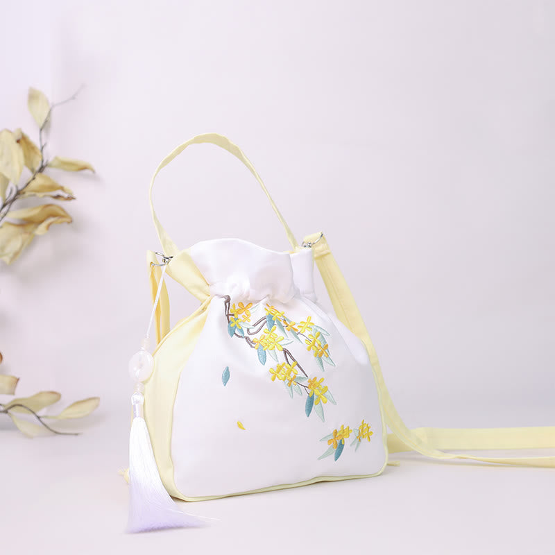 Mythstone Embroidered Osmanthus Peony Grape Cat Cotton Linen Tote Crossbody Bag Shoulder Bag Handbag