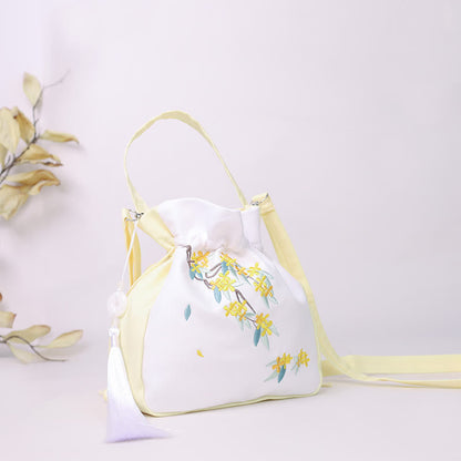 Mythstone Embroidered Osmanthus Peony Grape Cat Cotton Linen Tote Crossbody Bag Shoulder Bag Handbag