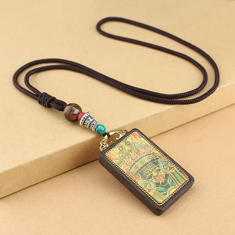 Colgante de collar de ébano con la paz y el dios de la riqueza del Thangka del Tíbet de Mythstone 