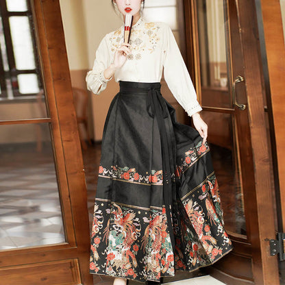 Mythstone Long Sleeve Shirt Embroidery Top Chinese Hanfu Phoenix Horse Face Skirt Mamianqun