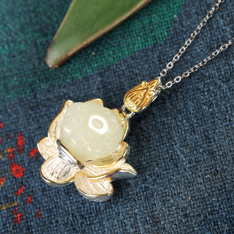 Mythstone White Jade Lotus Flower Happiness Necklace