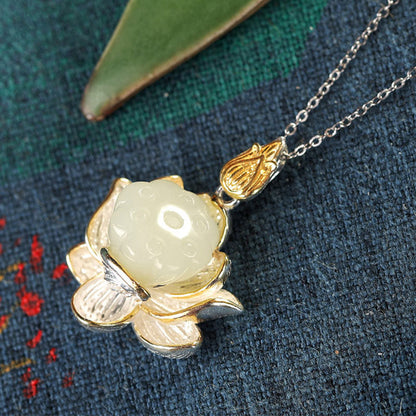 Mythstone White Jade Lotus Flower Happiness Necklace