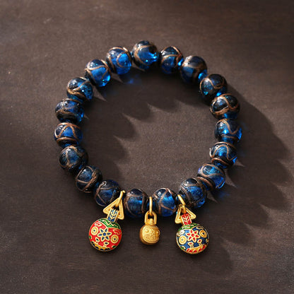 Mythstone Gold Swallowing Beast Luck Charm Blue Liuli Glass Bead Fortune Bracelet