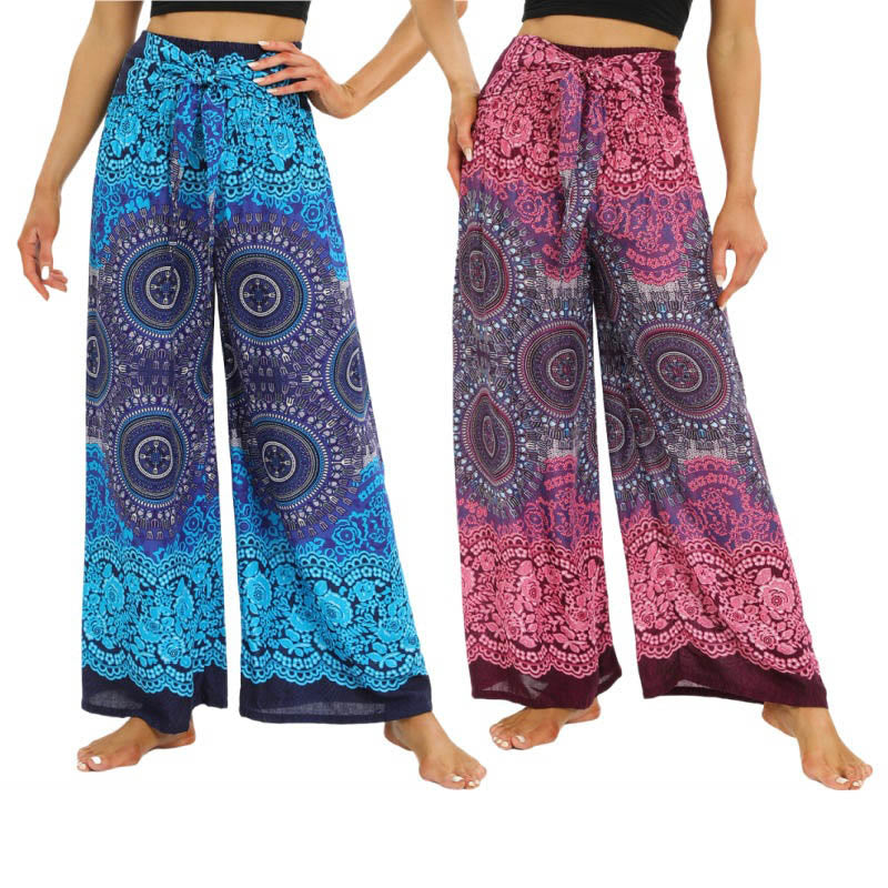 Mythstone Bohemian Mandala Flower Lace-up Wide Leg Pants Women's Yoga Pants