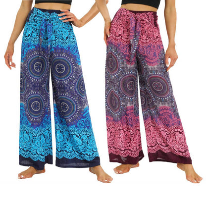 Mythstone Bohemian Mandala Flower Lace-up Wide Leg Pants Women's Yoga Pants