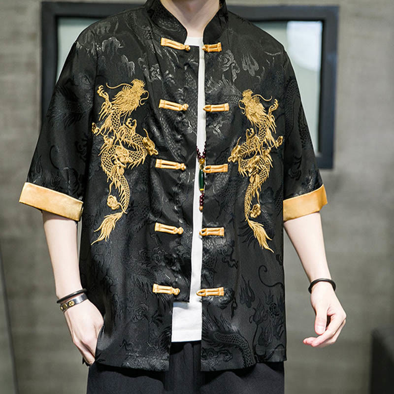 Mythstone Frog-Button Chinese Dragon Embroidery Half Sleeve Shirt Linen Men Clothing