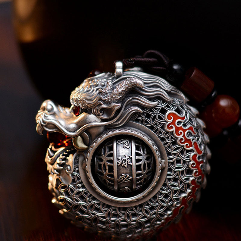 Mythstone 999 Sterling Silver Year of the Dragon Rotatable Ball Five Elements Copper Coin Strength Hanging Decoration