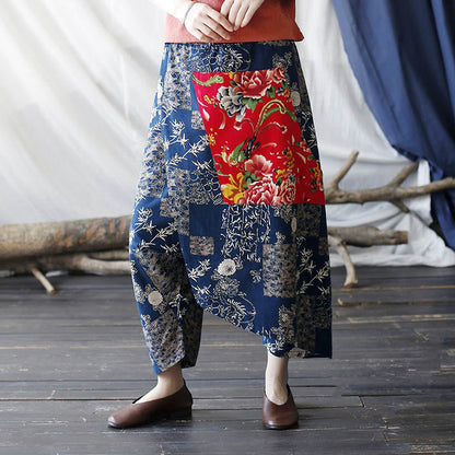 Pantalones harén de lino y algodón con bolsillos, diseño de peonías rojas, bambú azul y crisantemo, patchwork 