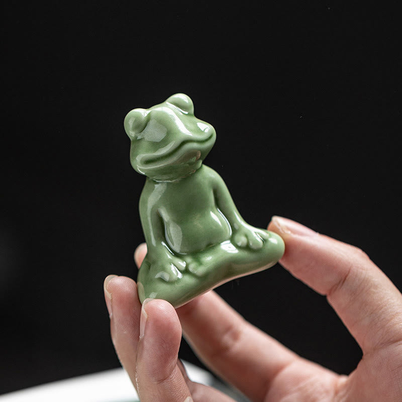 Mythstone Mini Small Meditation Lotus Resting Frog Ceramic Wealth Luck Home Tea Pet Figurine Decoration