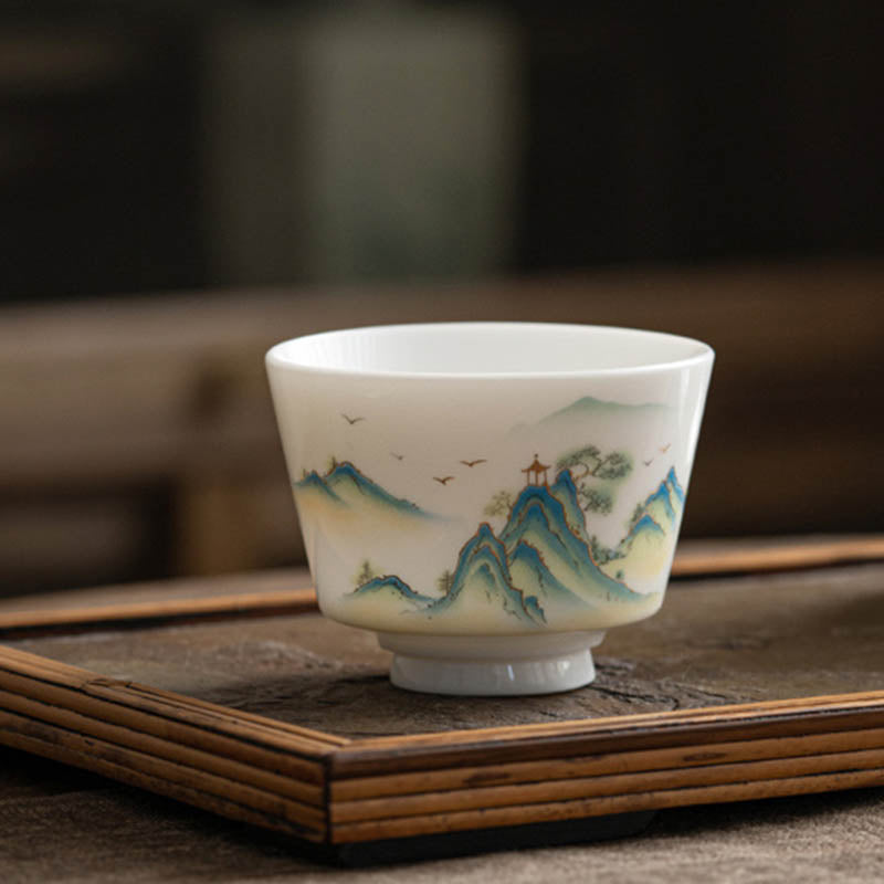 Mythstone Lotus Flower Leaf Mountain Pavilion Elk Peony Ceramic Teacup Kung Fu Tea Cup