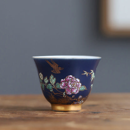 Mythstone Golden Magpie Peony Flower Ceramic Teacup Kung Fu Tea Cup