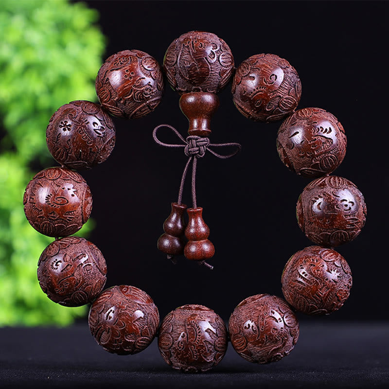 Mythstone Chinese Zodiac Rosewood Ebony Boxwood Copper Coin PiXiu Carved Warmth Bracelet