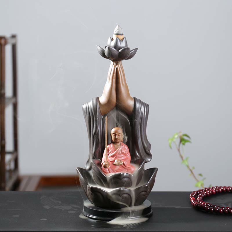 Mythstone Buddha Avalokitesvara Chenrezig Ksitigarbha Ceramic Lotus Blessing Backflow Incense Burner