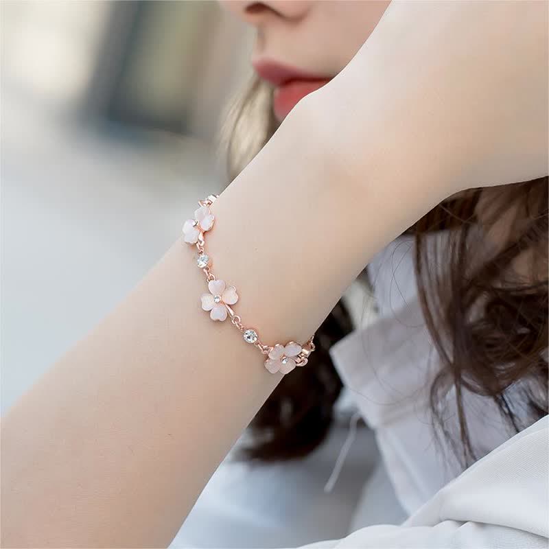 MythStone Pink Crystal Four Leaf Clover Love Chain Bracelet