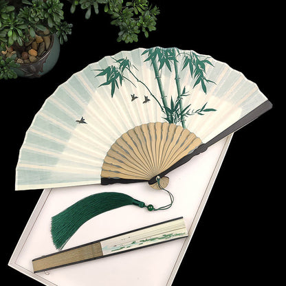 Mythstone Bamboo Koi Fish Crane Handheld Cotton Linen Folding Fan