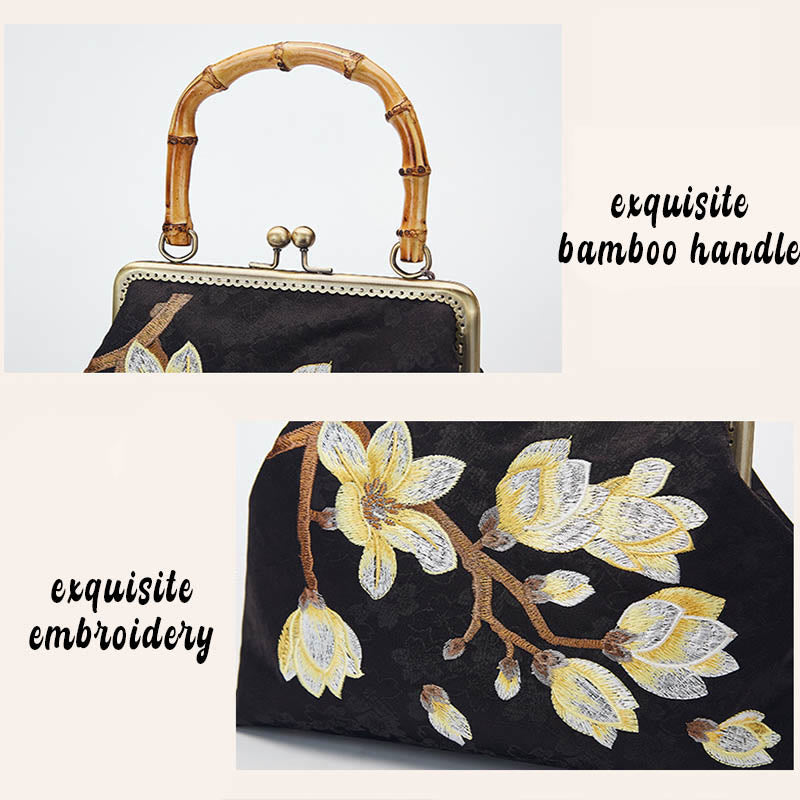 Bolso bandolera con asa de bambú y bordado de flores de ciruelo de Mythstone 