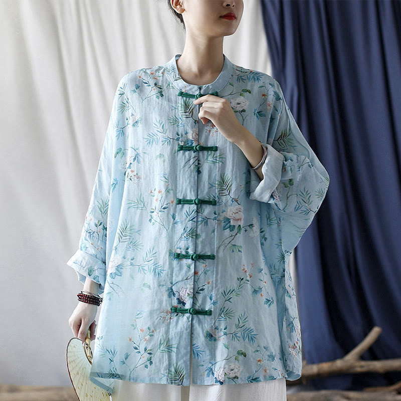 Mythstone Light Green Pink Flowers Green Leaves Frog-Button Long Sleeve Ramie Linen Jacket Shirt