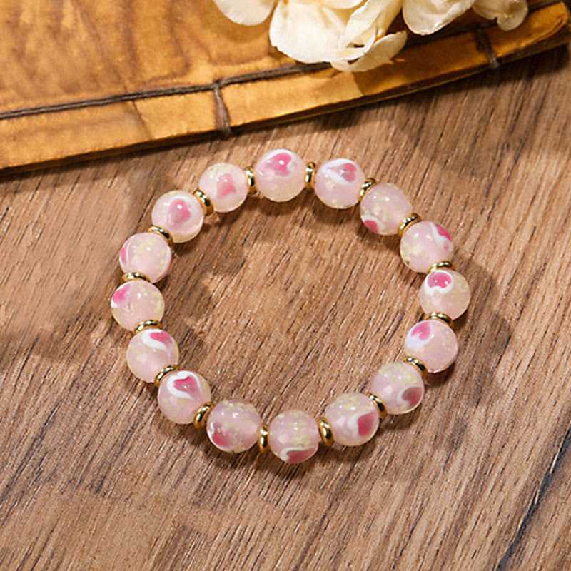 Mythstone Gold Swallowing Beast Family Charm Luminous Pink Love Heart Fluorescent Liuli Glass Bead Blessings Bracelet