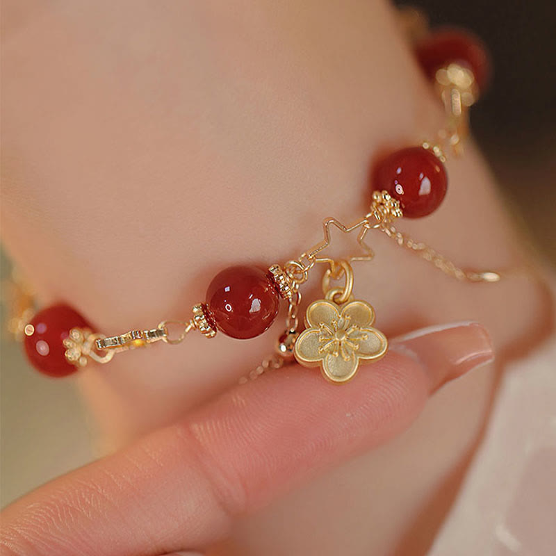 MythStone 14k Gold Plated Red Agate Star Flower Charm Calm Bracelet