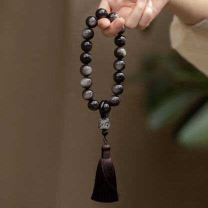 Mythstone Natural Silver Sheen Obsidian Black Obsidian Lion Wrist Mala Protection Tassels Pocket Mala Car Decoration