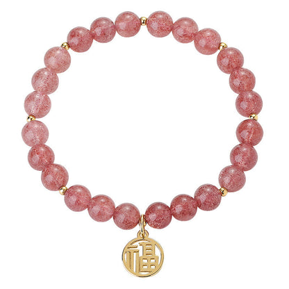 Mythstone 14K Gold Plated Strawberry Quartz Fu Character Healing Charm Bracelet