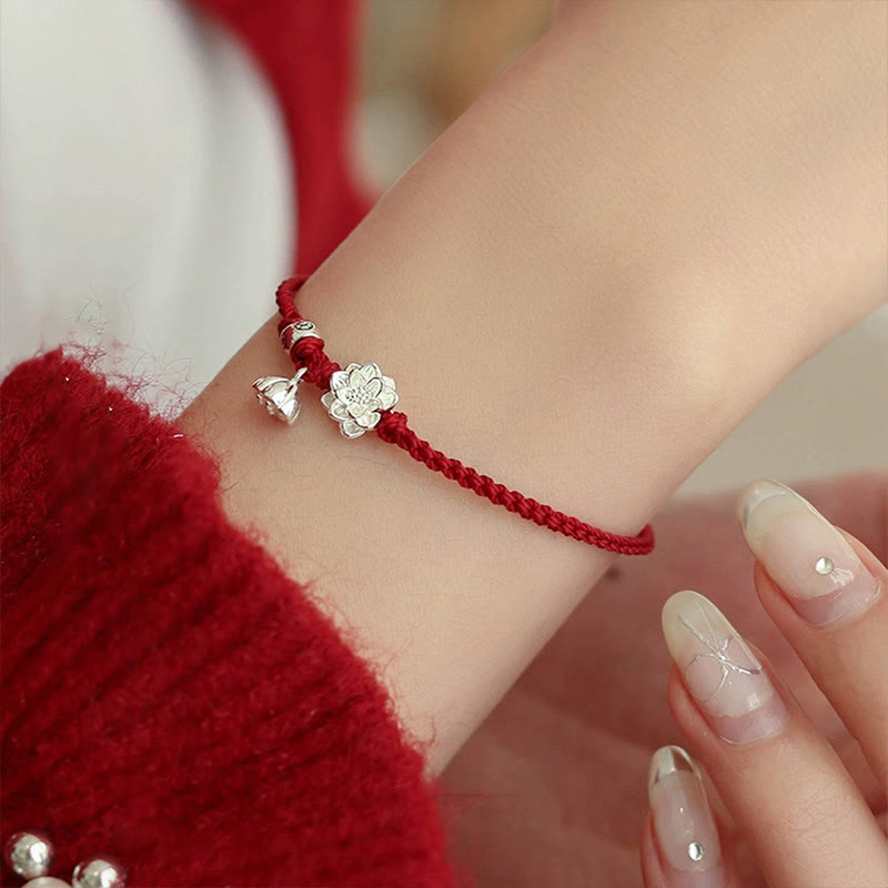 Mythstone Handmade Lotus Flower Luck Braid Red Rope Bracelet