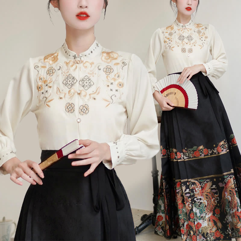 Mythstone Long Sleeve Shirt Embroidery Top Chinese Hanfu Phoenix Horse Face Skirt Mamianqun