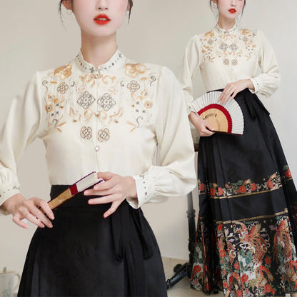 Mythstone Long Sleeve Shirt Embroidery Top Chinese Hanfu Phoenix Horse Face Skirt Mamianqun