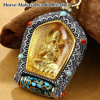 Mythstone Tibet Chinese Zodiac Natal Buddha Thangka Prosperity Rotatable Dzi Bead Necklace Pendant