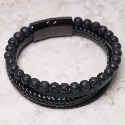 MythStone Natural Lava Rock Black Onyx Bead Leather Bracelet