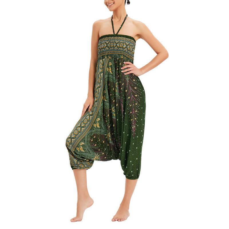 Mythstone Two Style Wear Peacock Feather Loose Smocked Harem Trousers Jumpsuit High Waist Pants