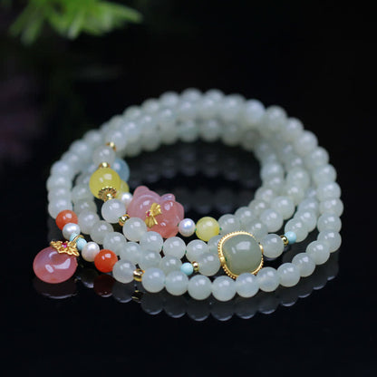 Mythstone Natural Hetian Jade Pink Crystal Peace Buckle Happiness Abundance Bracelet