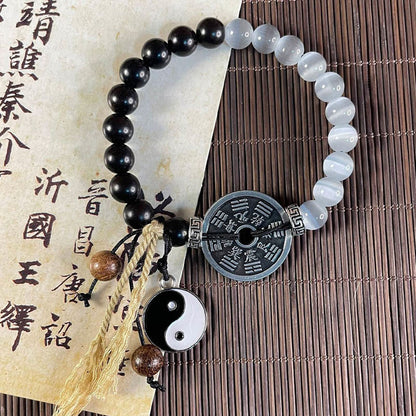 Mythstone Cat's Eye Ebony Wood Yin Yang Bagua Coin Support Rope Bracelet