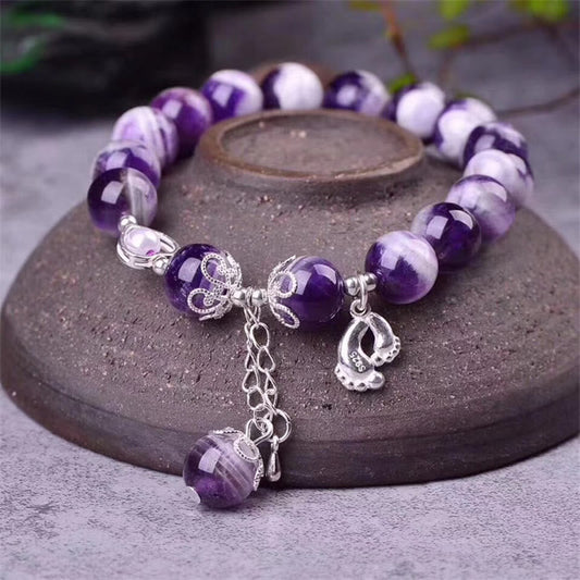 MythStone 925 Sterling Silver Natural Amethyst Healing Feet Love Heart Charm Bracelet