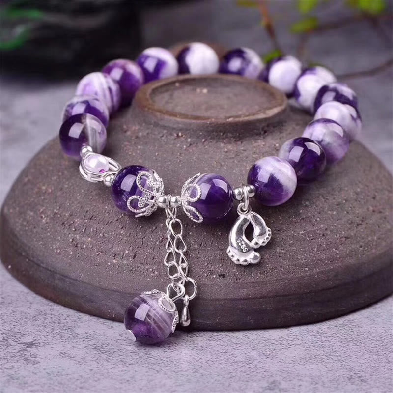 Mythstone 925 Sterling Silver Natural Amethyst Healing Feet Love Heart Charm Bracelet