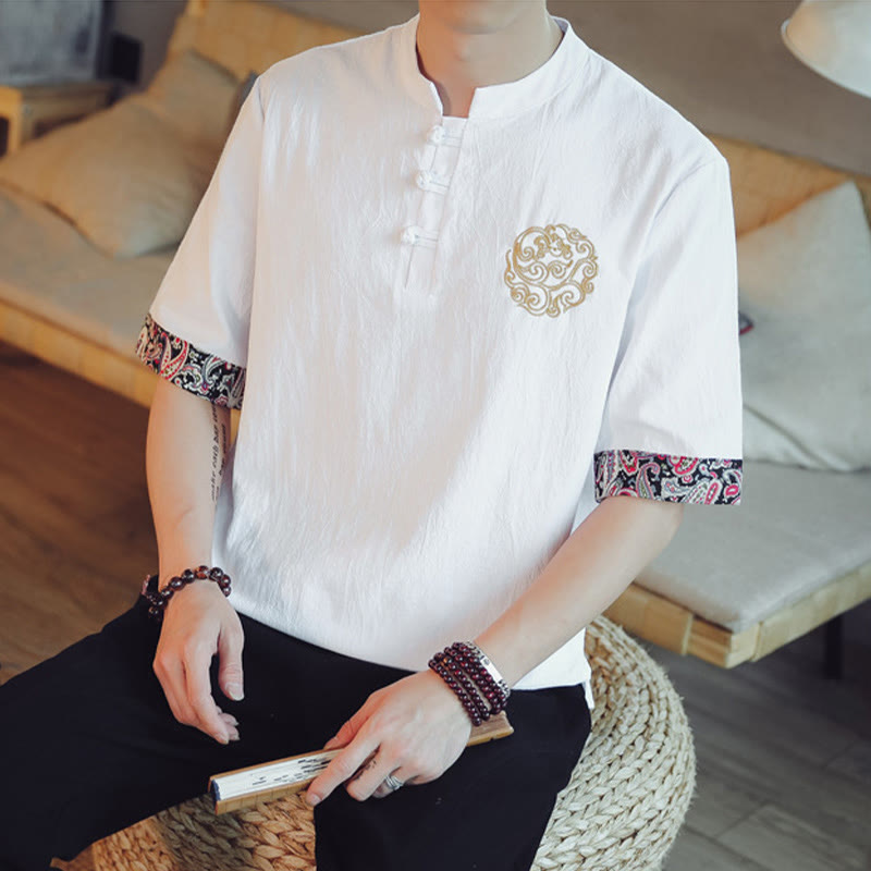 Mythstone Frog-Button Dragon Embroidery Chinese Tang Suit Short Sleeve Shirt Linen Men Clothing