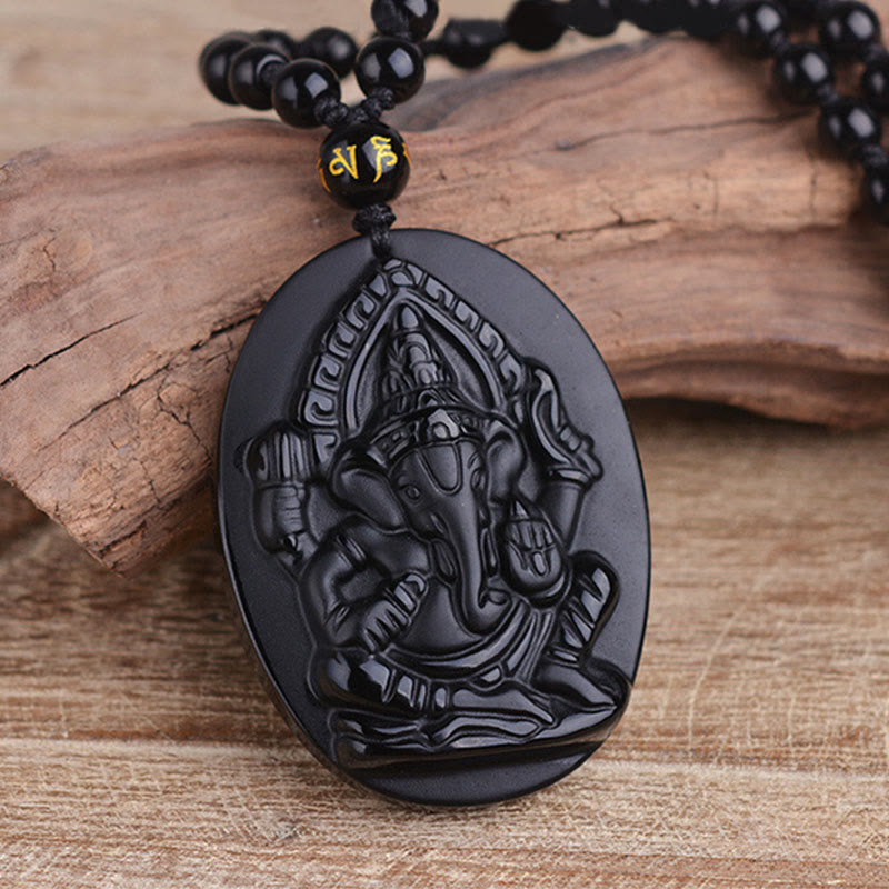 Mythstone Tibetan Obsidian Ganesh Ganpati Elephant Wealth Amulet Necklace