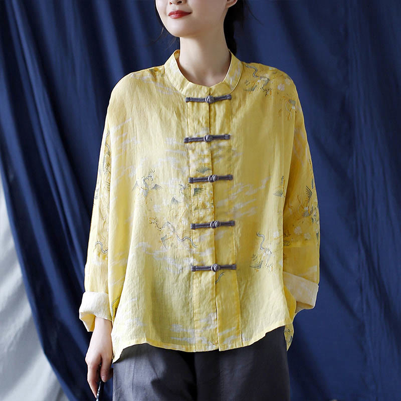 Mythstone Yellow Phoenix Print Frog-button Design Long Sleeve Ramie Linen Jacket Shirt