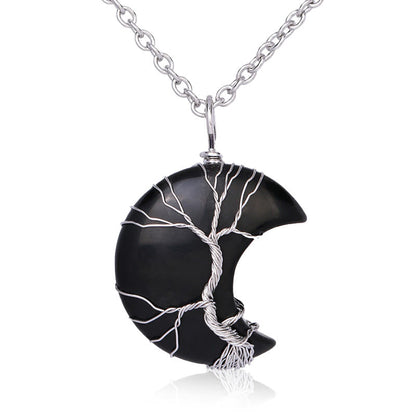 Mythstone Natural Quartz Crystal Moon Tree Of Life Healing Energy Necklace Pendant