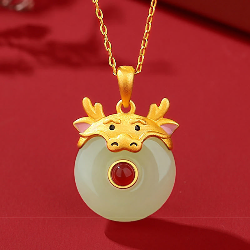 Mythstone 925 Sterling Silver Hetian Jade Chinese Zodiac Year of the Dragon Red Agate Luck Protection Necklace Pendant