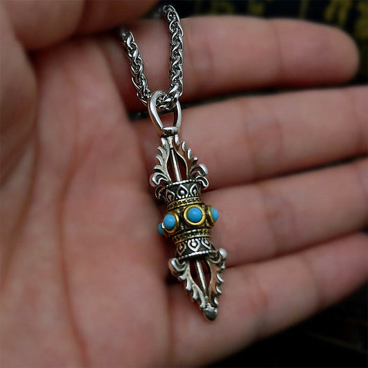 Colgante de collar de metal con diseño de Vajra Dorje tibetano de Mythstone con la suerte y la riqueza en cobre 