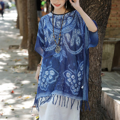 Mythstone Blue Butterfly Indigo Dyeing Shawl Tassels Cozy Travel Pullover 90*95cm