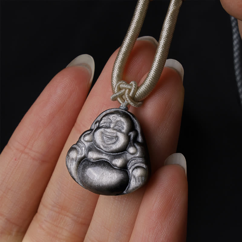 Mythstone Natural Silver Sheen Obsidian Laughing Buddha Protection Necklace Pendant